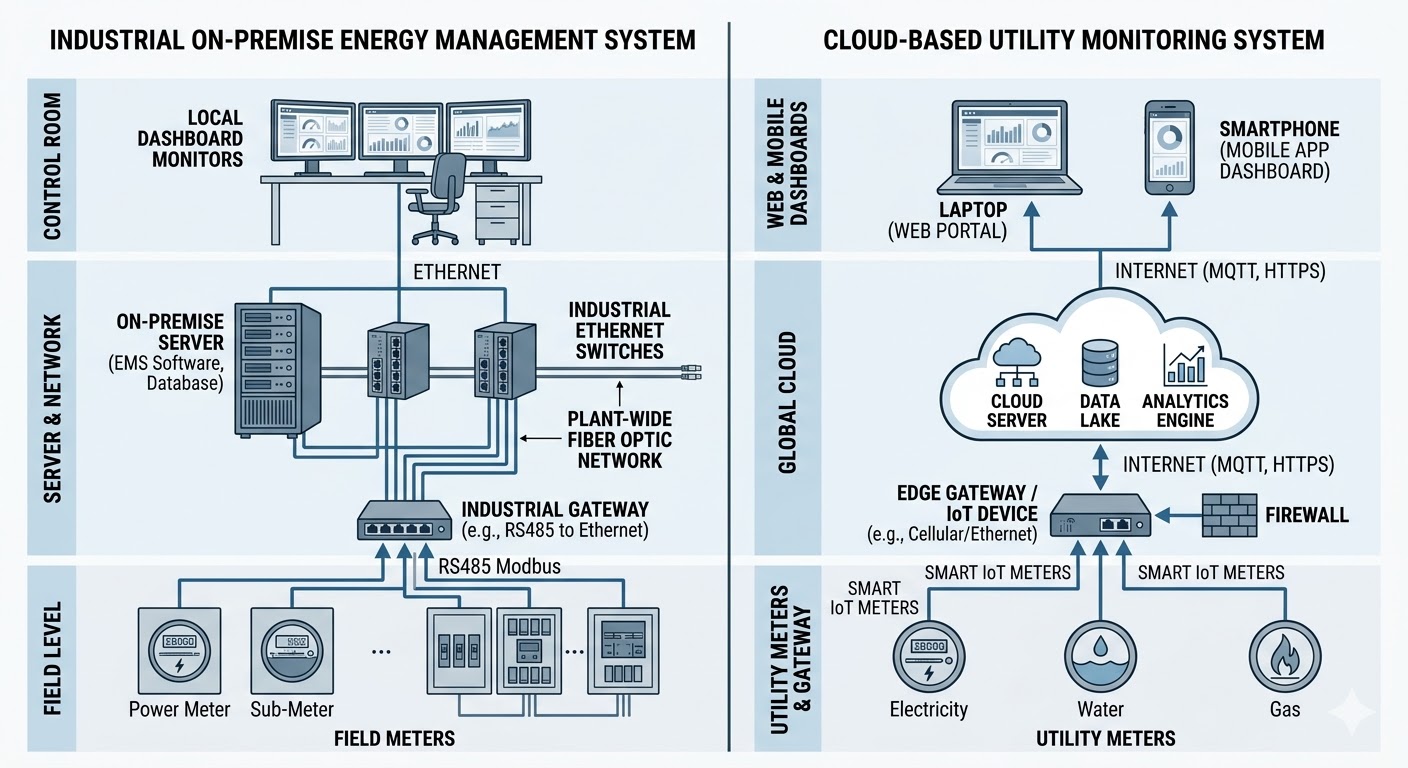 EMS system architecture diagram showing on-premise and cloud-based deployment options