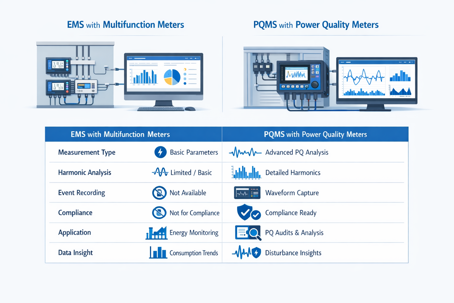 EMS vs PQMS comparison — measurement type, harmonic analysis, event recording, compliance, application, and data insight