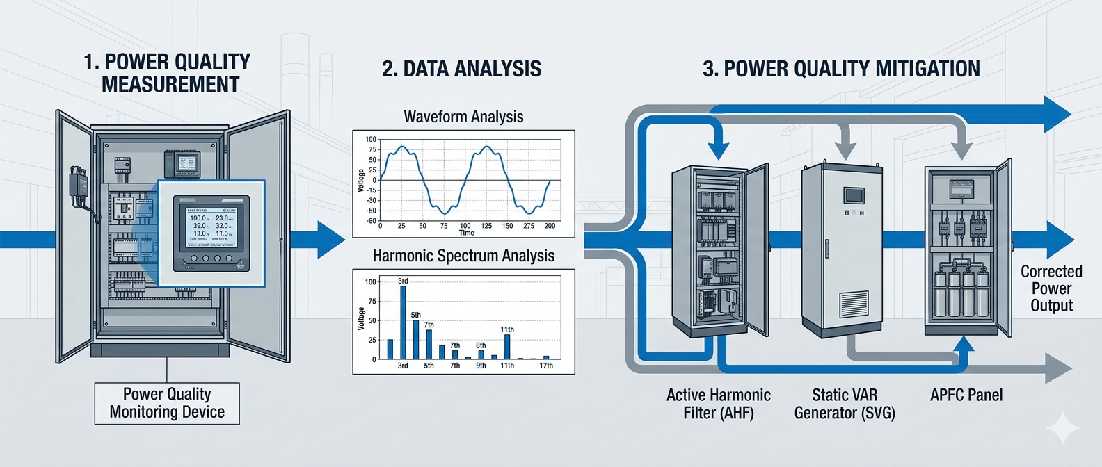 Three-step flow: Power Quality Measurement → Data Analysis (waveform + harmonic spectrum) → Power Quality Mitigation → Corrected Output