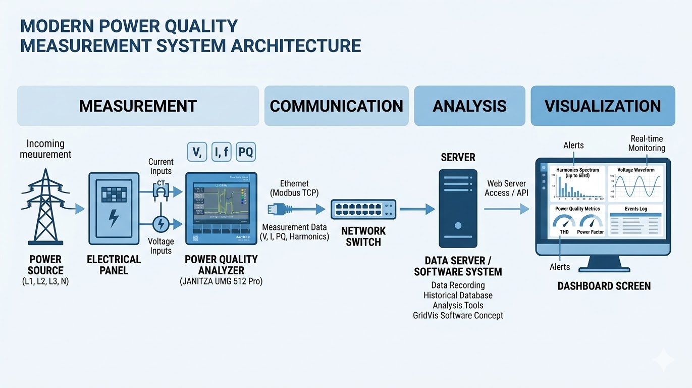 Modern Power Quality Measurement System architecture — Measurement, Communication, Analysis, Visualisation flow