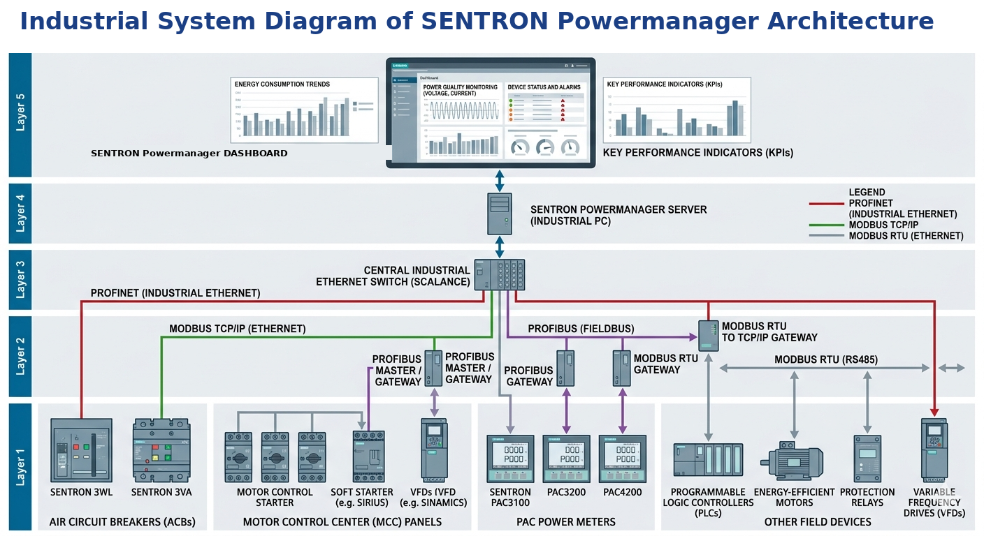 SENTRON Powermanager system integration architecture — 5-layer integration from ACBs, MCCs, PAC meters, VFDs, PLCs through gateways and Scalance switch to Powermanager server and dashboard